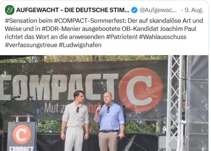 AUFGEWACHT - DIE DEUTSCHE STIMME
@AufgewachtS
#Sensation beim #COMPACT-Sommerfest: Der auf skandalöse Art und Weise und in #DDR-Manier ausgebootete OB-Kandidat Joachim Paul richtet das Wort an die anwesenden #Patrioten! #Wahlausschuss #verfassungstreue #Ludwigshafen