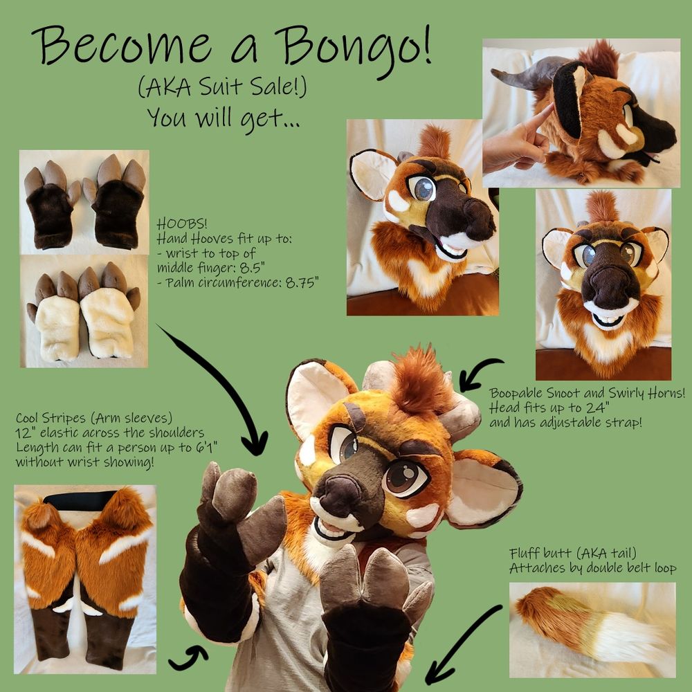 An image of a bongo antelope fursuit that is for sale. The suit is many shades of orange and brown with white stripes. The image shows multiple aspects of the suit including the head, arms, hand hooves and tail.