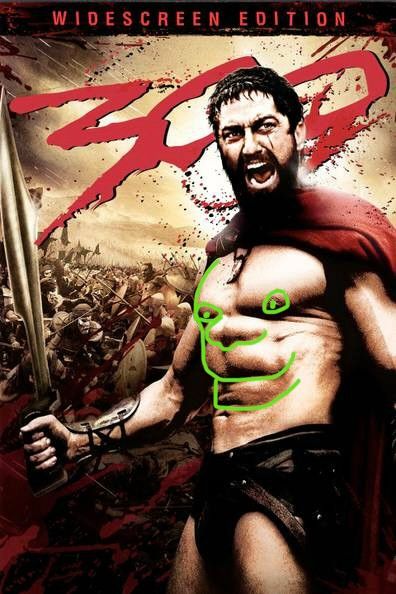 Cover of the commercial release of the movie 300 with a face revealed in Leonidas’s abs. 