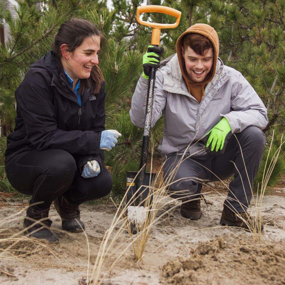 Two volunteers kneel down in the sand, smiling at the dune grass they've just planted. 
