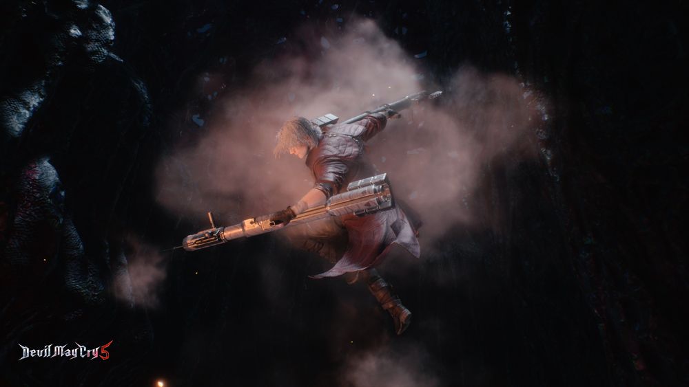 Dante from Devil May Cry 5 poses mid air with two bazookas after firing both of them.