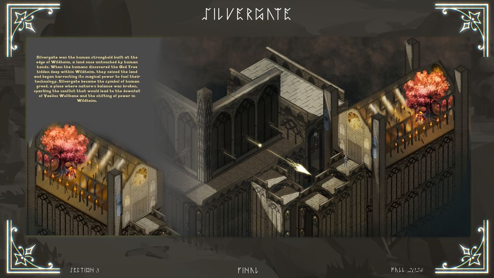 concept art of the Silvergate area from an isometric view and including a church-like structure with a tree inside