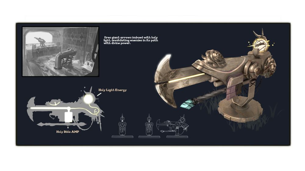 concept art of a magic/steampunk ballista with cross-section and colour render