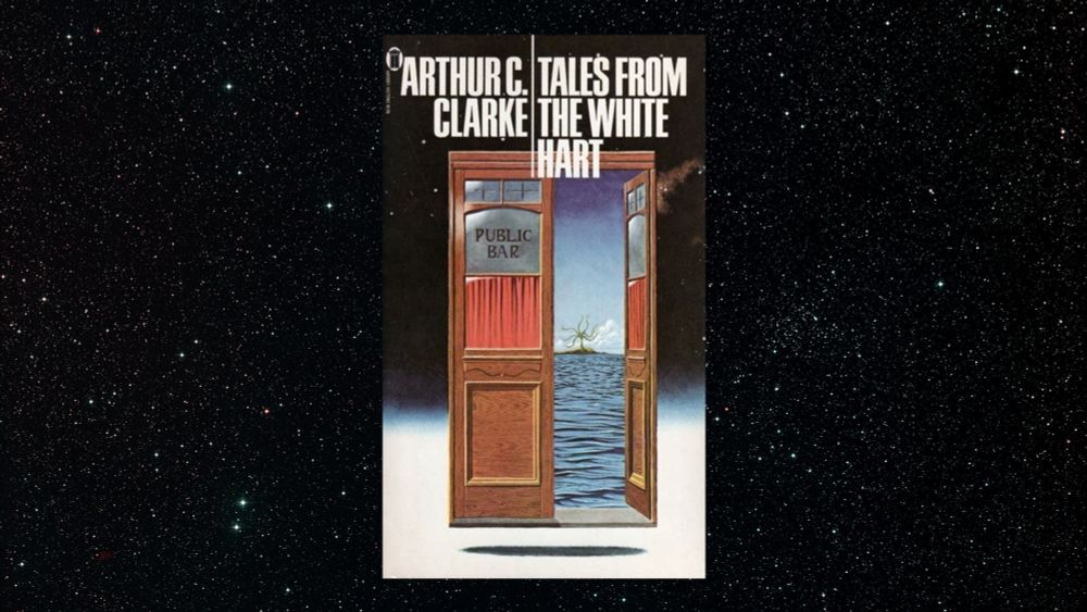 the cover of book entitled Tales from the White Hart by Arthur C. Clarke.  The cover depicts a door floating on a white plain, through which is visible the ocean and a distant desert island. 