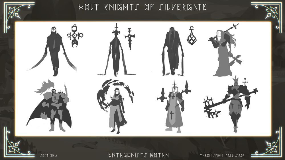 concept art silhouettes of knights with various armour & weapons