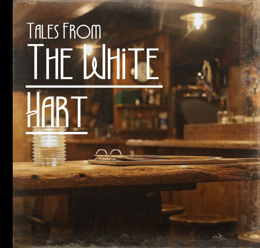 an photo with frayed edges showing an old English pub overlaid with the text "Tales From the White Hart"