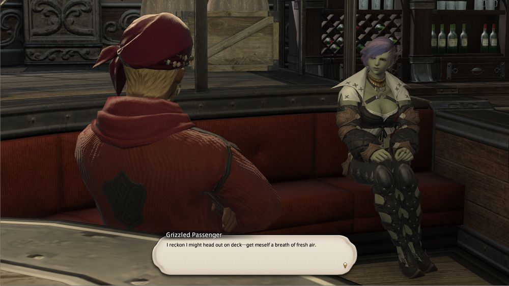 A screenshot of Day 1 Naia Lalita in the opening Limsa Lominsa cutscene for FFXIV. She's had the same green skin, sea-blue eyes, and purple hair the whole time!