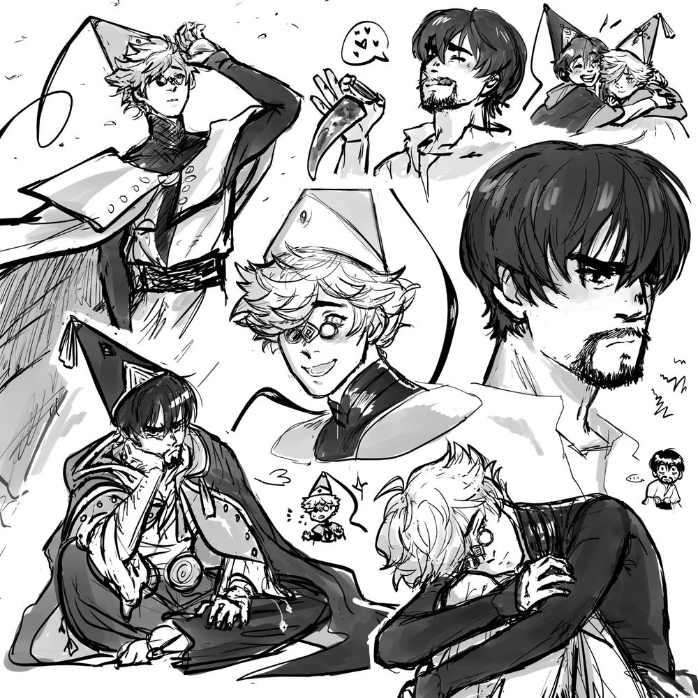 A collage of sketches featuring Olruggio and Qifrey from Witch Hat Atelier