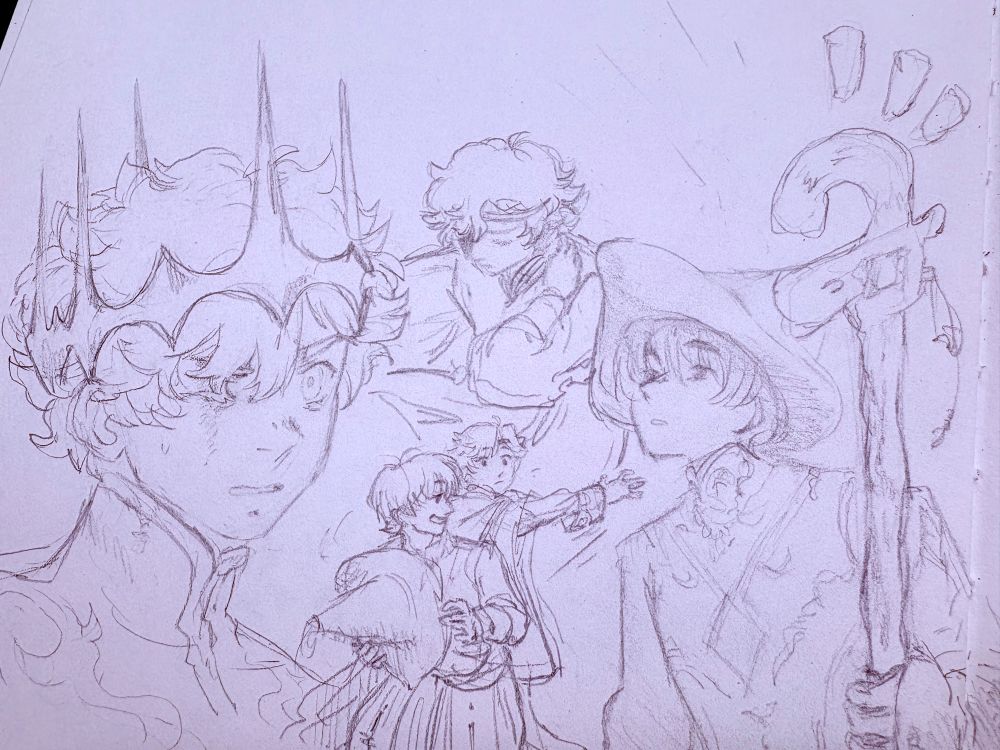 a few sketches of the king and witch pre day of the pact characters from WHA resembling Qifrey and Olruggio 