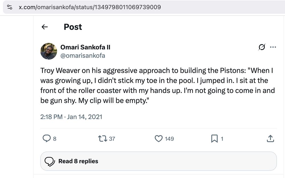 Cropped screenshot of a Troy Weaver quote from January 2021 about his managerial style  "When I was growing up, I didn't stick my toe in the pool. I jumped in. I sit at the front of the roller coaster with my hands up. I'm not going to come in and be gun shy. My clip will be empty."