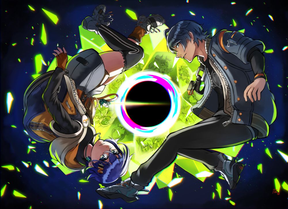 The two main characters, Belle and Wise, from Zenless Zone Zero.  They are swirling around each other above the head of an enemy monster from the game.  Faces of other characters that appear in the game are seen in the crystal shards of the monster.  The background has crystals splintering out from the center.