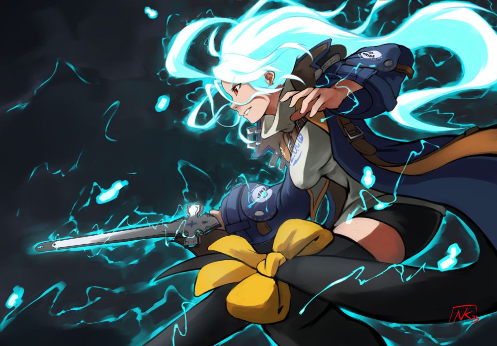 Unika from guilty gear strive as she appears in her overdrive.  She is a young woman with glowing hair.  She is wielding the thunderseal and has a tail similar to the character dizzy.
