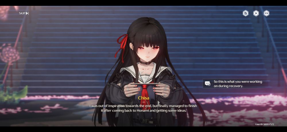 Wuthering waves. Chisa is bashfully giving the main character a handmade paper craft.