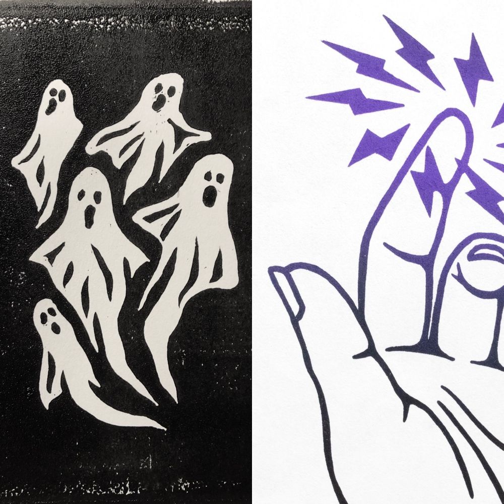 A split image showing an amateur carving of ghosts on the left and on the right is a cropped print of a hand with purple magic lightning bolts that shows improved skill. 