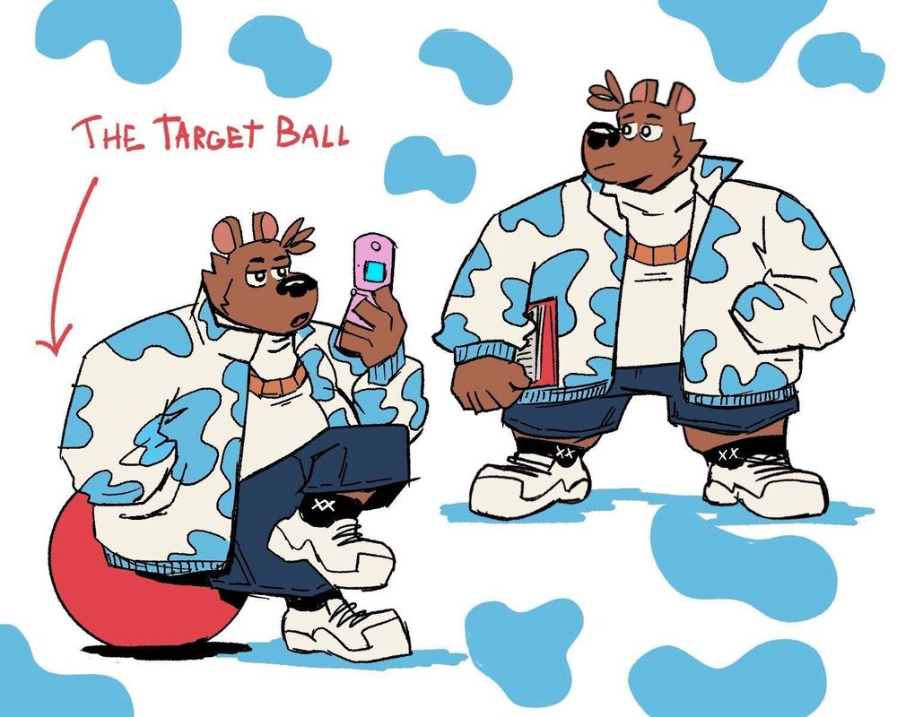 Boogie in a spotted blue and white cow print jacket. Street fashion bear 