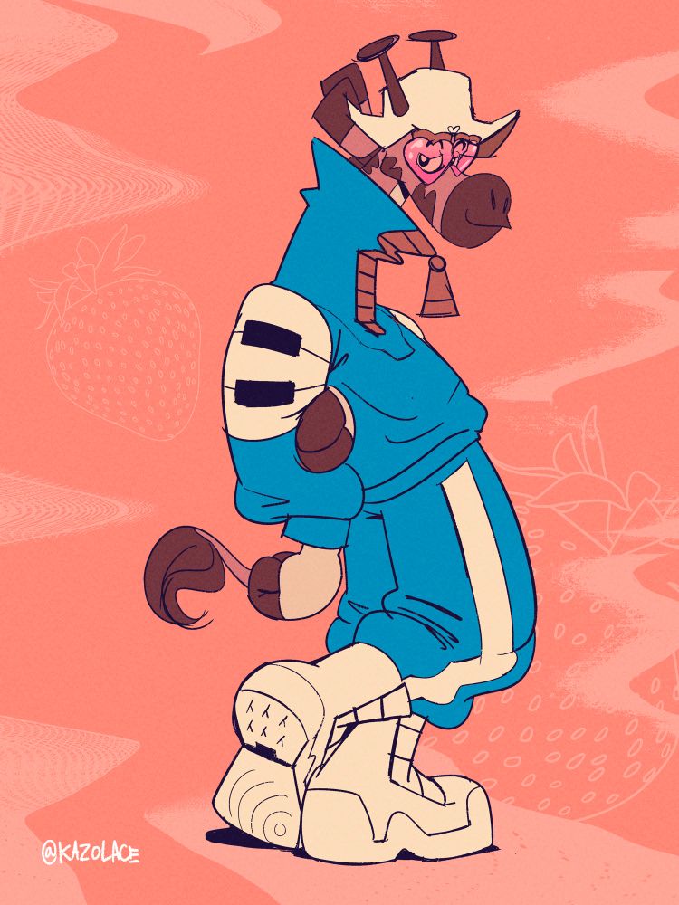 Shake the giraffe but he’s pink. The tracksuit is blue and his glasses are heart shaped. Strawberries and wavy textures are lightly in the background.