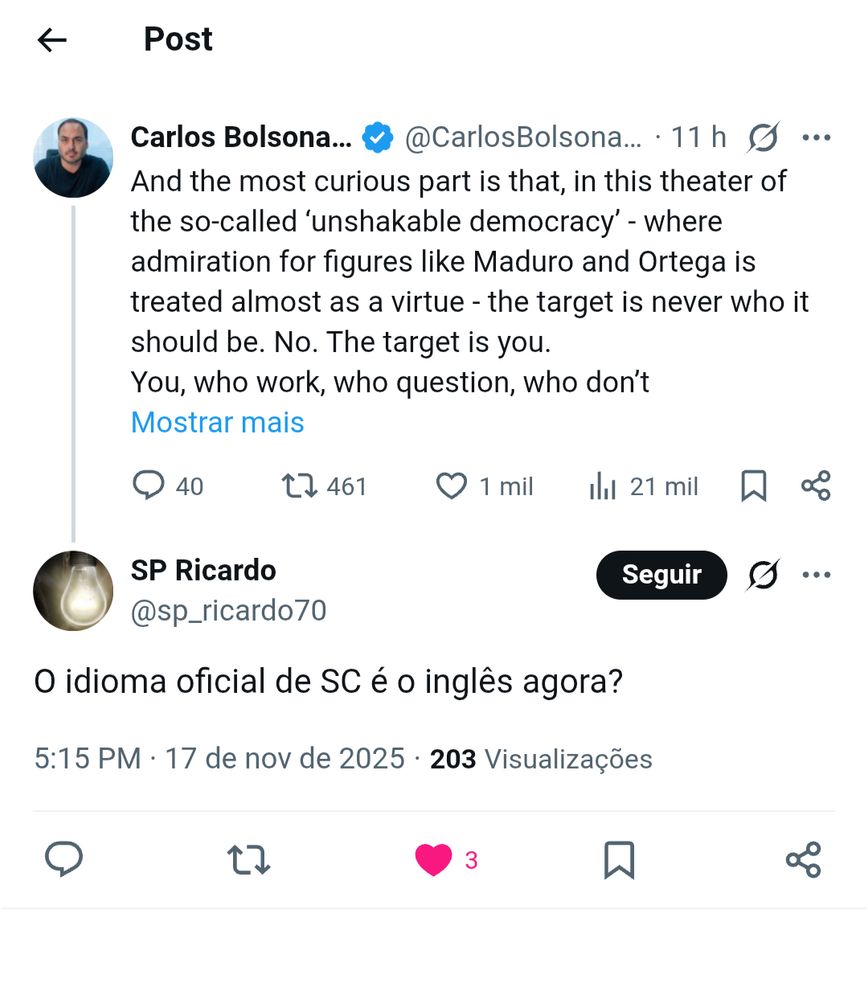 Carluxo dá chilique em inglês e aparece um gênio pra perguntar:
"Idioma oficial de SC é o inglês agora?"