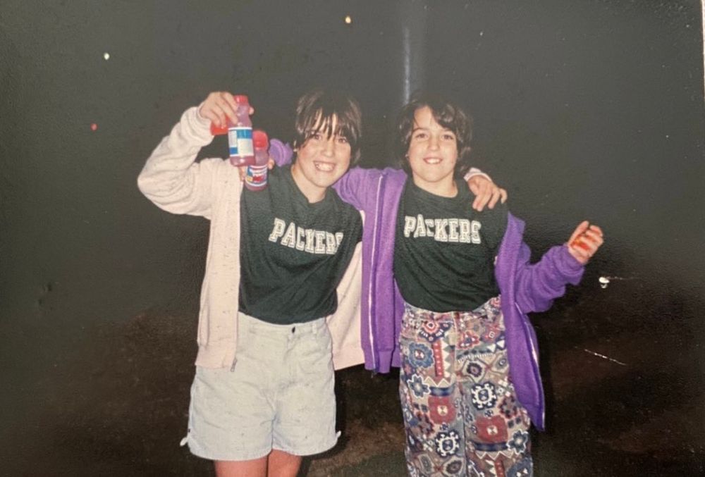 Bones and me in middle school wearing 90s clothes