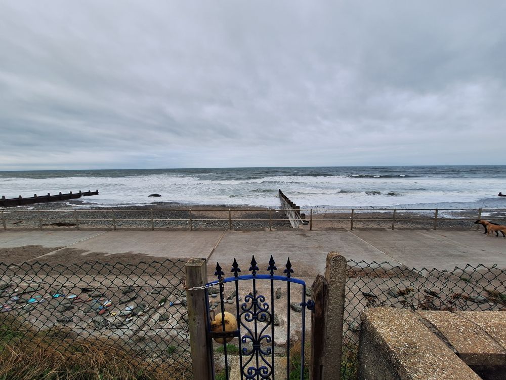 A photo of a back gate and fence, beyond which you can see a promenade, beach and white topped waves.