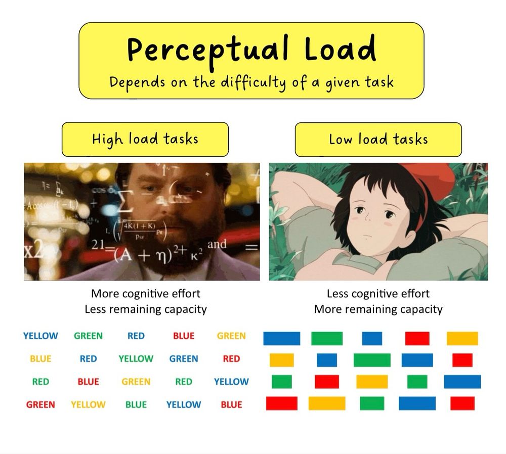 Lecture slide featuring the Zac Galifiankis math meme - a man is frowning while formuli flash in front of his eyes. The meme is above a canonical Stroop Task with colour words written in different coloured ink. Subtitle reads “more cognitive effort, less remaining capacity”. Next to it is a closeup of Kiki resting on the grass, from Ghibli studio’s 魔女の宅急便 ‘Kiki’s Delivery Service’. The relaxed screenshot is above a modified version of the Stroop task with coloured blocks. Subtitle reads “Less cognitive effort, more remaining capacity”
