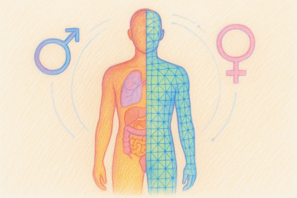 Ki-generierte Buntstiftzeichnung eines digitalen Patient*innen-Zwillings einer androgynen Person. Auf der einen hälfte sind die Organsysteme zu sehen und auf der anderen Hälfte sind Datenpunkte des Modells zu sehen. Umgeben ist der Zwilling von Mars- und Venussymbol. 