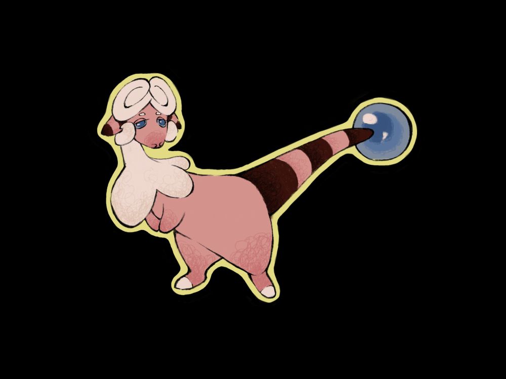 A stylized drawing of a Flaaffy looking over its shoulder. The drawing is outlined in a dull yellow