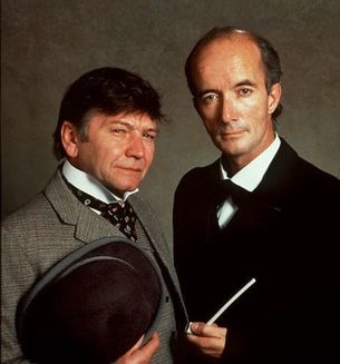 Michael Williams (left) and Clive Merrison in costume for a promotional shoot for Sherlock Holmes (1989 radio series).  BBC Radio 4, with the excellent Bert Coules as head writer.
