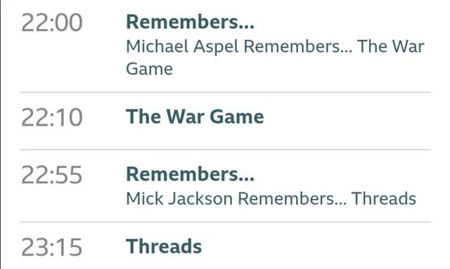 Nuclear war, civil defence, societal collapse, government inadequacy followed by a second go at the collapse of society, medical breakdown, famine, radiation, and environmental ruin The War Game 1965 and Threads 1984
