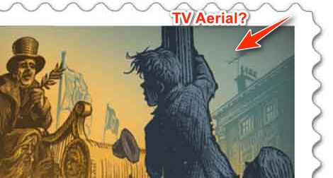 Part of the 2nd An Post commemorative Daniel O'Connell stamp, showing a TV aerial in the 1800's 