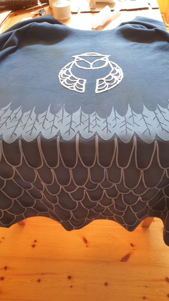 Feathers and owl on the back of a cape