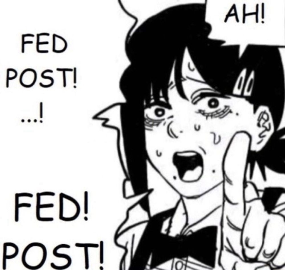 disconcerted anime girl pointing and exclaiming AH! FED POST! ...! FED! POST!