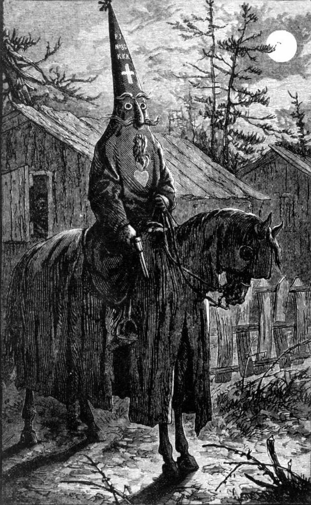 An illustration of a Reconstruction era KKK member on horseback. The moon shines ominously in the background. He has a tall cap that has the letters KKK and a cartoony face sewn on that has a handlebar mustache. He brandishes a revolver menacingly in his right hand. The horse is veiled. Behind him are trees and rickety wooden buildings. 