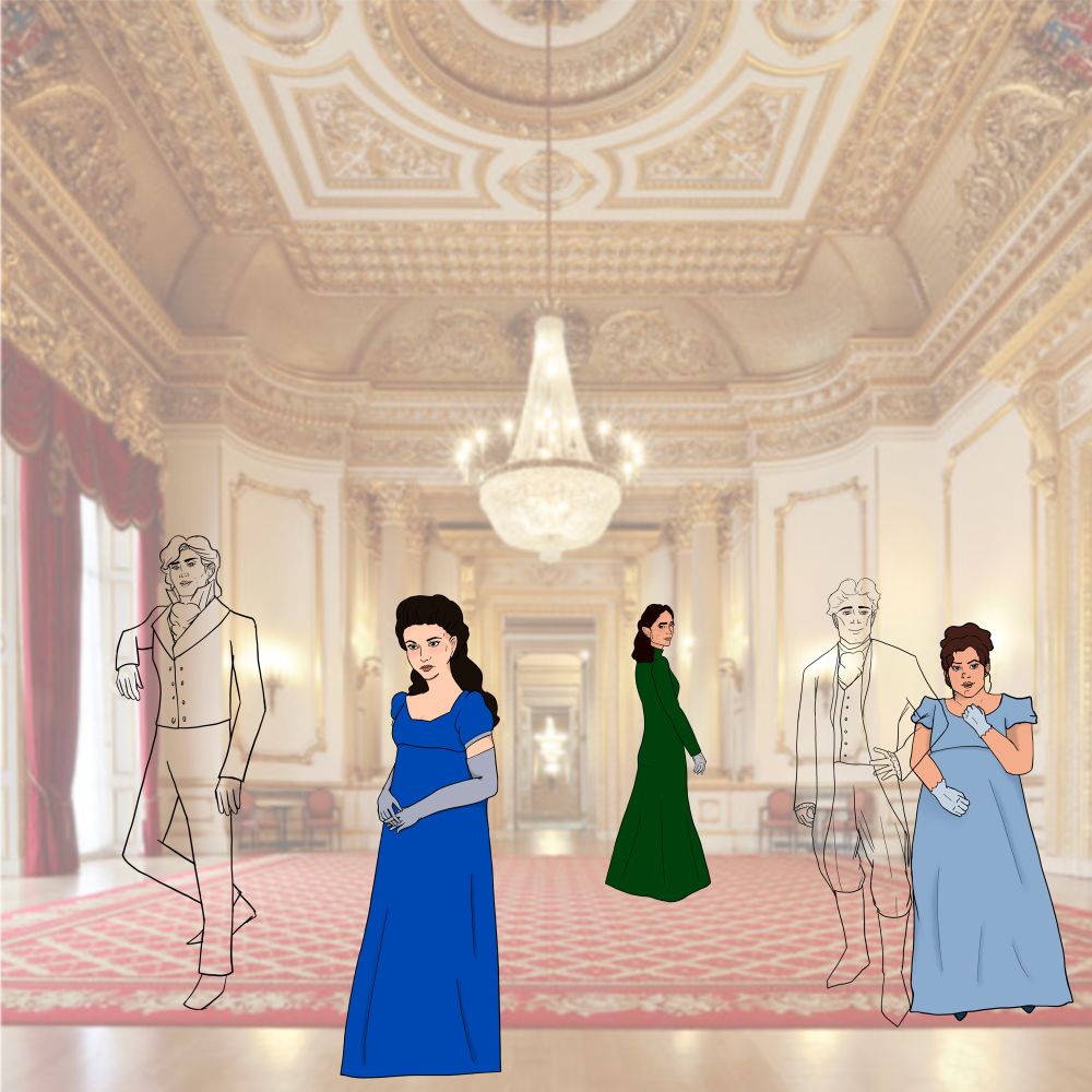 Line art of two male characters in bridgerton inspired outfits, as well as three fully colored women. A dark haired white woman in a cobalt blue dress in the foreground, a woman in a dark green dress in the center background, and a chubby woman in a baby blue dress on the right mid ground. The background is a transparent image the author found on Google I’m so sorry I can’t cite that for you, it’s of a ballroom. 