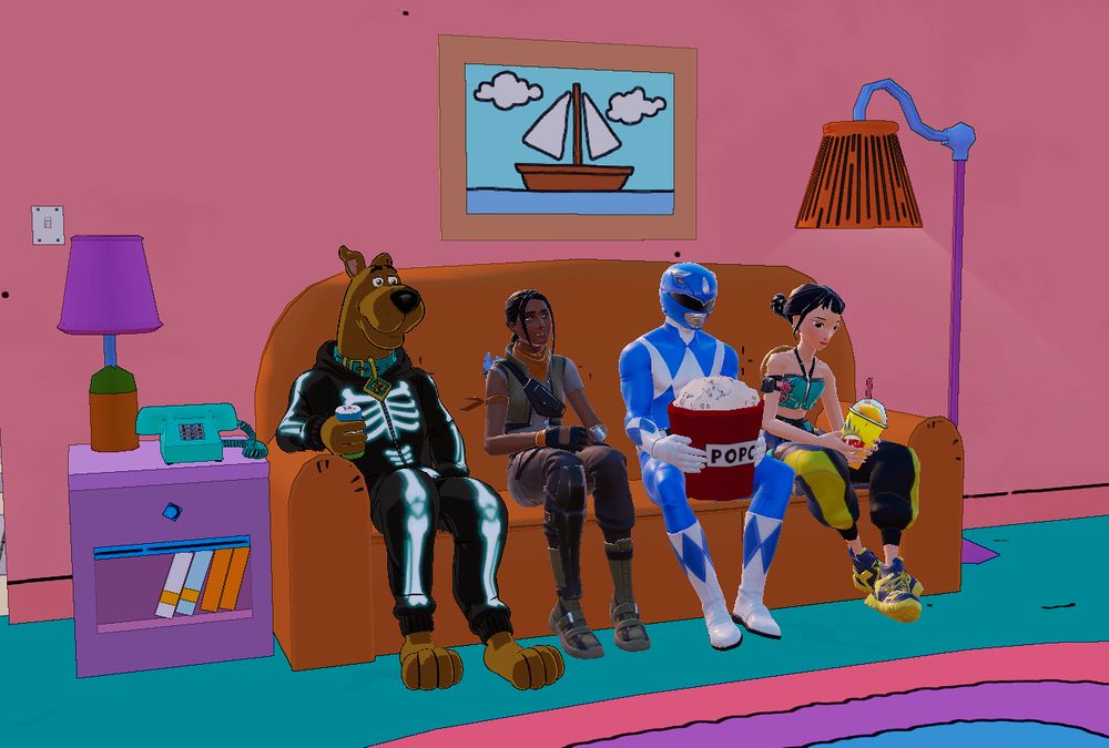 Scoobert, Melissa Fortnite, Billy Cranston (blue power ranger) and Zoey from Demon Hunters doing a couch gag in the Simpsons Fortnite promotion.