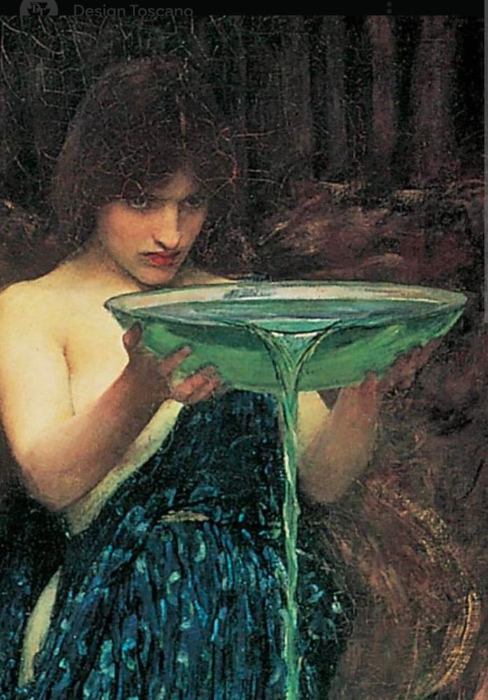 A closeup of Circe looking extremely angry and determined while pouring poison into the sea to transform her enemy into a monster. from Circe Invidiosa by John Waterhouse