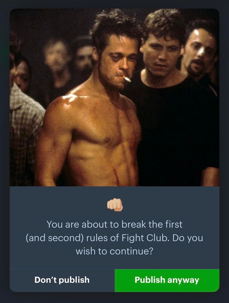 Image shows a scene from "Fight Club" featuring a shirtless man smoking a cigarette, surrounded by a crowd. A pop-up message warns about breaking the rules of Fight Club.
