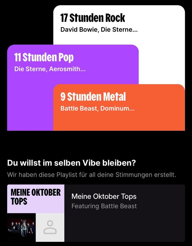 The image features a musical playlist interface showcasing various genres with time durations: 17 hours of Rock, 11 hours of Pop, and 9 hours of Metal. It lists artists like David Bowie and Aerosmith. At the bottom, it invites users