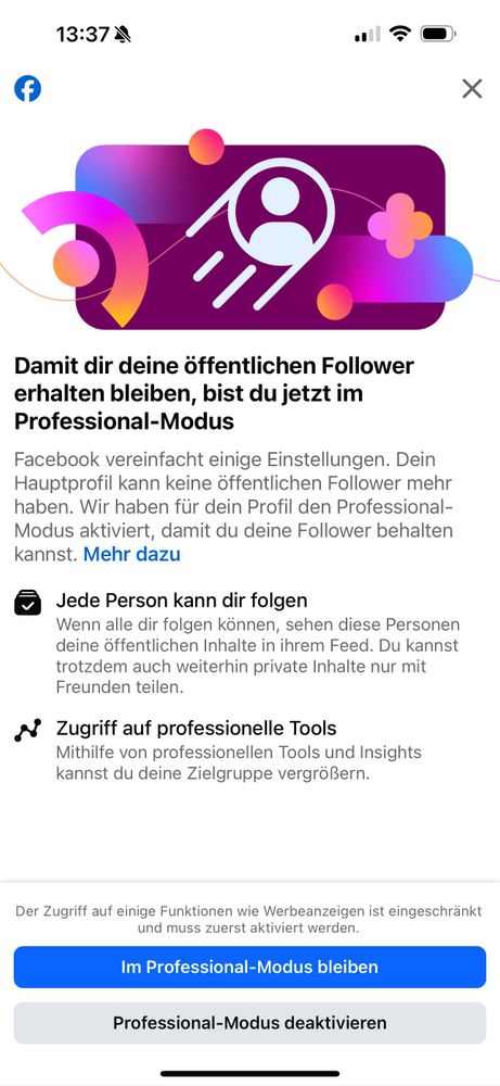 An image of a Facebook screen displaying a notification about activating Professional Mode. The text explains how to retain public followers and access professional tools. Visual elements include colorful graphics and icons related to user engagement.