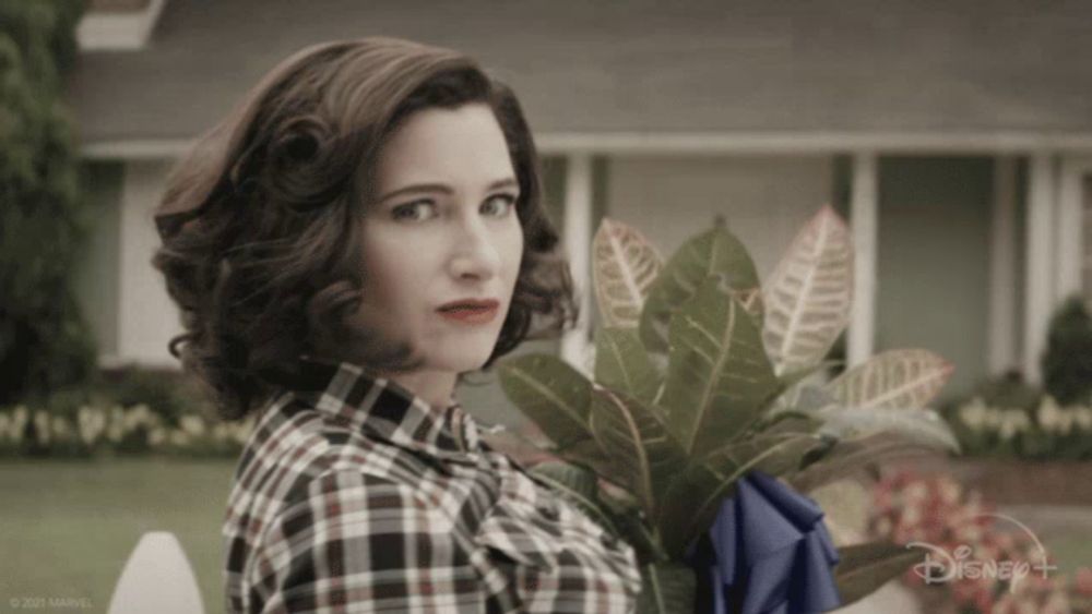 a woman in a plaid shirt is holding a plant in front of a disney + sign