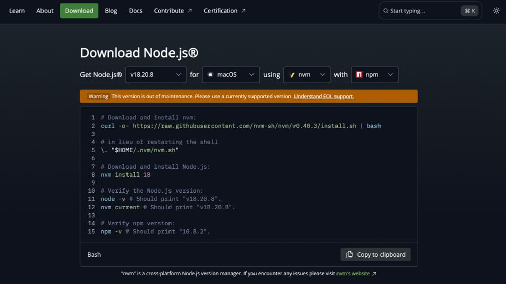Download Node.js has a warning banner