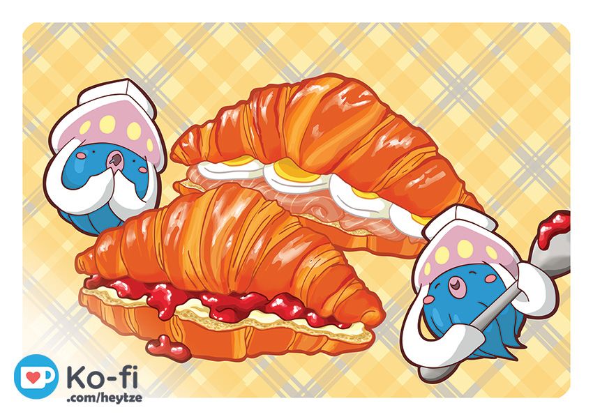 2 Inkay about to enjoy croissants; one filled with strawberry jam and the other savoury with egg and salmon