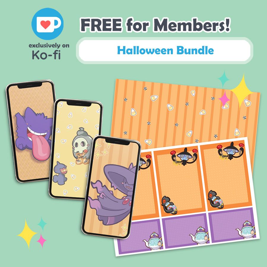 Promotional image featuring free downloads for Tze's Ko-fi Members: 3 wallpapers, a gift wrap and a note pad, all showing Ghost-type Pokémon