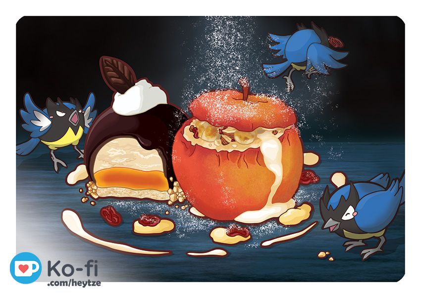 Three Rookidee enjoy a dessert of baked apple and chocolate mousse