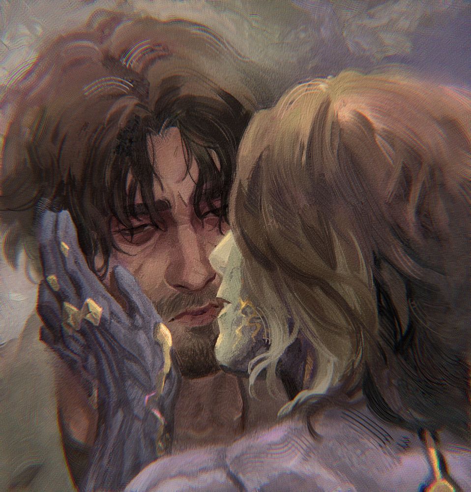 Digital painting of Jayce and Viktor during their reunion in the commune. Jayce stands motionless, his eyes dead, as Viktor cradles his face to kiss him.