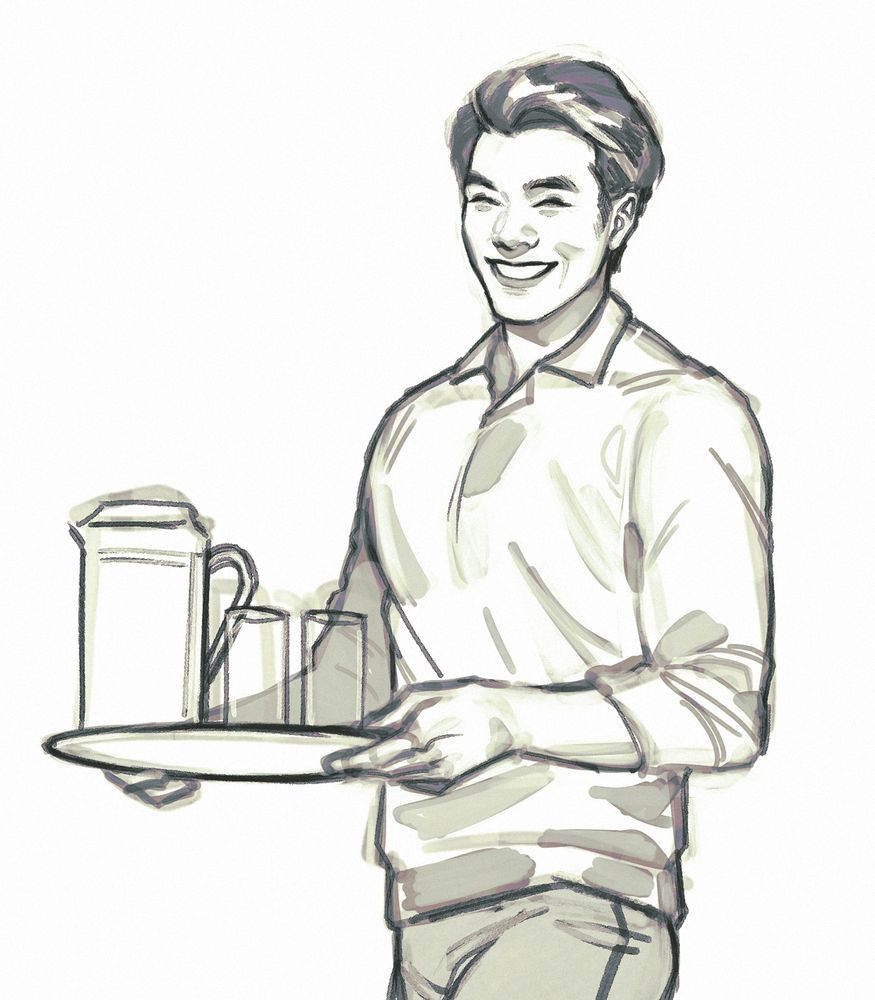 Digital drawing of Kinn from Kinnporsche. He's wearing soft, casual clothes and carrying a tray with drinks on it. He's happy, grinning delightedly.