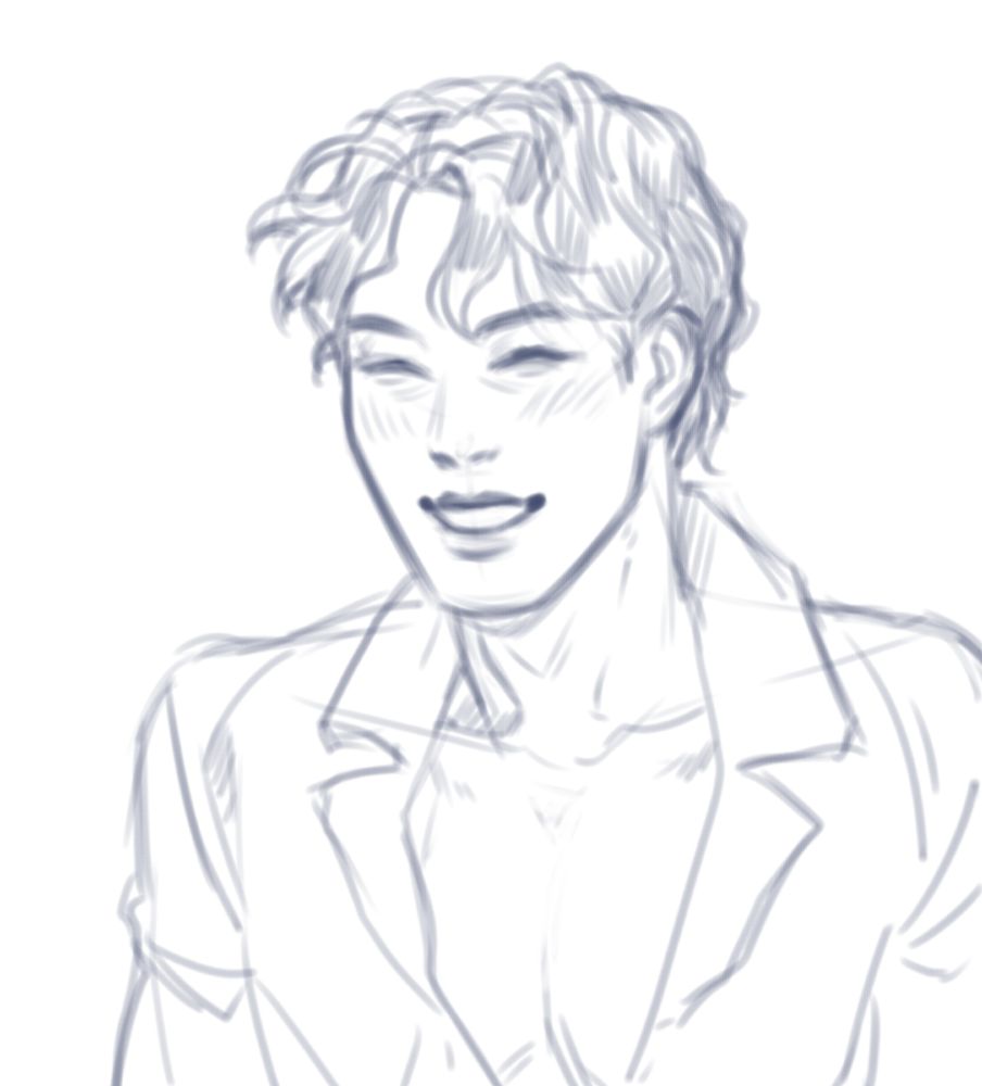 Sketch of Han Joowon from Beyond Evil. He's laughing, with squinted eyes and pink cheeks. His hair is messy and he's wearing a loose shirt with an open front.