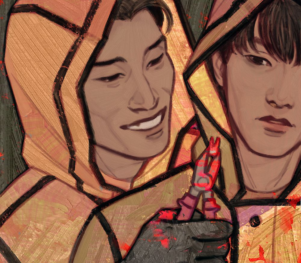 Digital painting of Vegas and Pete from Kinnporsche. They're wearing waterproof coats to keep their clothes clean of blood. Vegas is hugging Pete from behind and holding up a human tooth with pliers. Vegas's hand is covered in blood, and he's grinning, clearly pleased with the torture he subjected someone to.