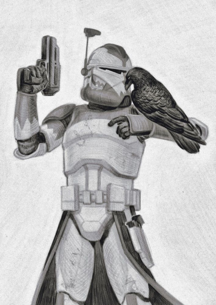 Greyscale digital drawing of Commander Wolffe raising his arm so that Plo Koon’s daemon, a raven, can perch on it. Wolffe is standing in his full suit of armor and brandishing a blaster. His armor is a little singed; he’s either in battle or the aftermath of it. The raven perched on his arm is leaning forward to thunk her head against his helmet affectionately. Wolffe inclines his head in her direction, meeting her halfway.