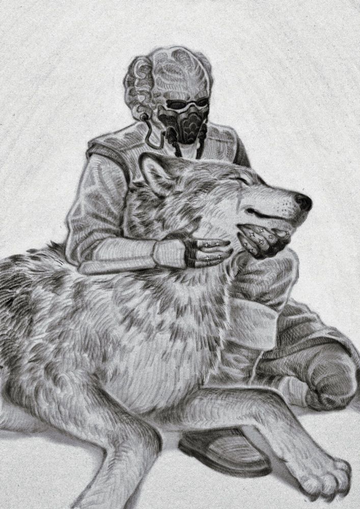 Greyscale digital drawing of Plo Koon letting himself be cuddled by Commander Wolffe’s daemon, a wolf of immense size. Plo Koon is sitting on the ground with one leg propped up. The wolf lies next to him, leaning into him, almost clambering onto his lap. Plo has both arms around her head, hugging her. He’s looking down, amused by the pleased expression on the wolf’s face.