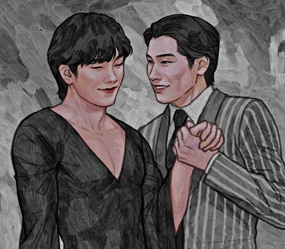 Digital painting of Vegas and Pete from Kinnporsche. They're dressed up as Gomes and Morticia Addams. Pete is in a form-fitting black dress with a plunging neckline. Vegas is in a pin-strip suit. They're playing up being smitten with each other but also not.